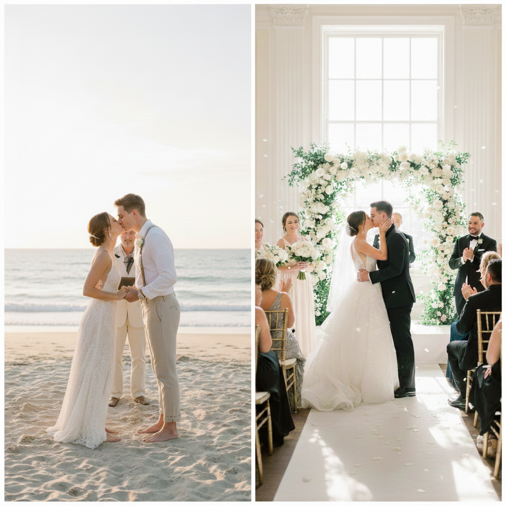 A split-screen comparison of two wedding styles: On the left, a couple shares a private kiss during a simple beach elopement with an officiant. On the right, a couple kisses in front of a large floral arbor and white-framed window during a traditional indoor ceremony with guests.