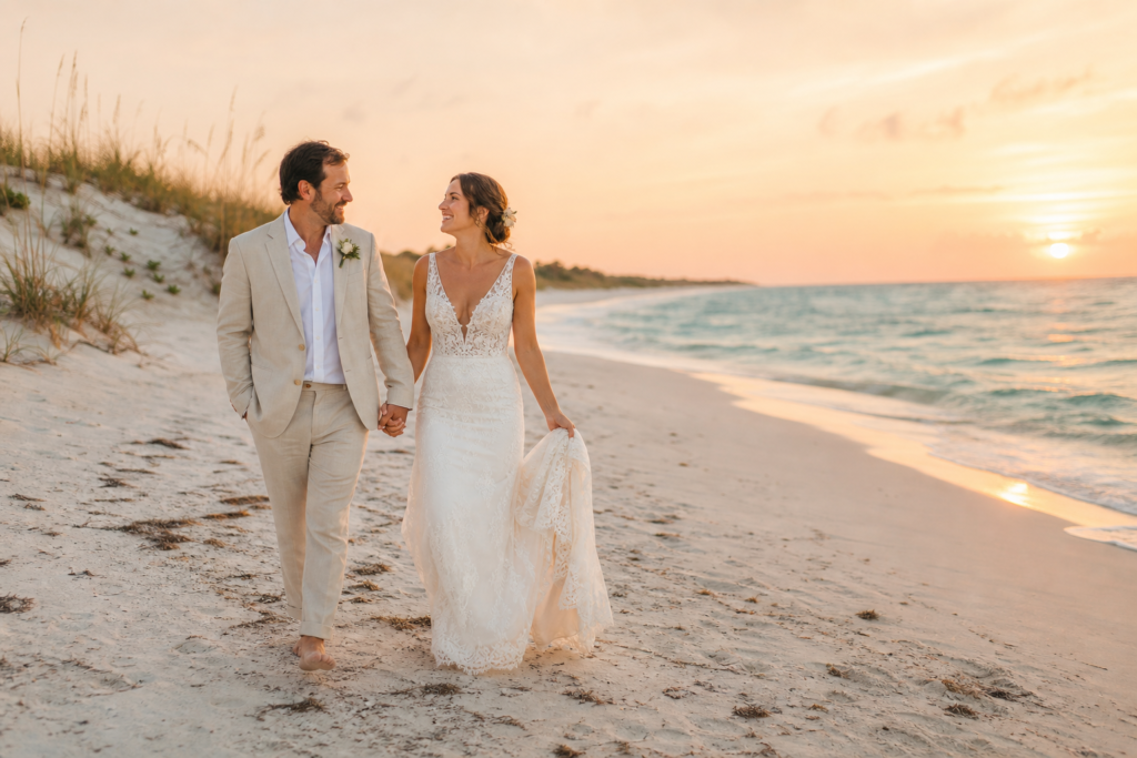 Couple eloping on a quiet Florida Gulf Coast beach at golden hour